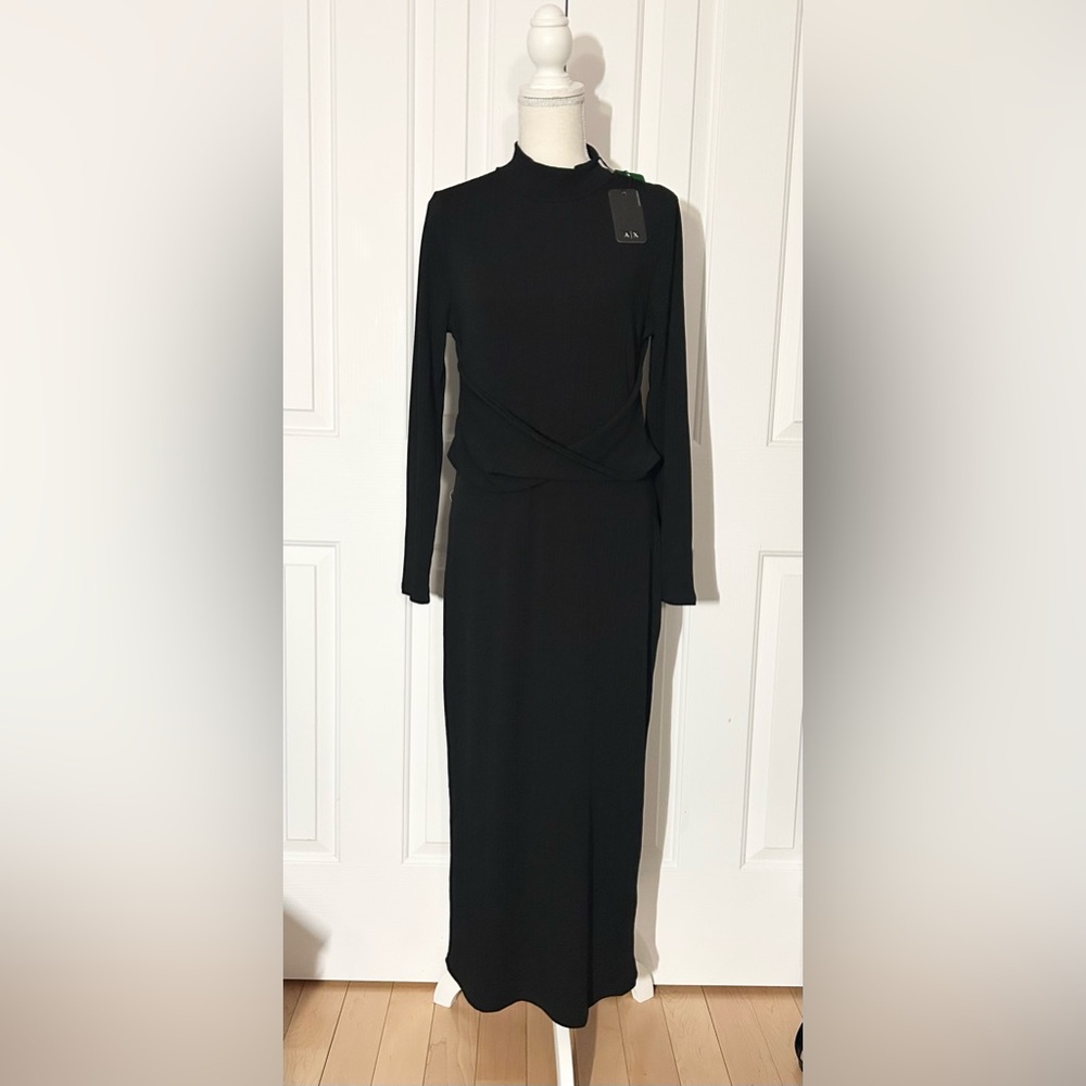 NWT A/X ARMANI EXCHANGE Long Sleeve Extensible Maxi Dress, Black, Size Large